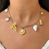 Livy Charm Necklace - Dainty Paperclip Chain With Daisy, Pearl, Shell & Boot Charms