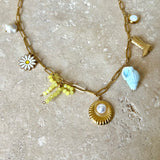 Livy Charm Necklace - Dainty Paperclip Chain With Daisy, Pearl, Shell & Boot Charms